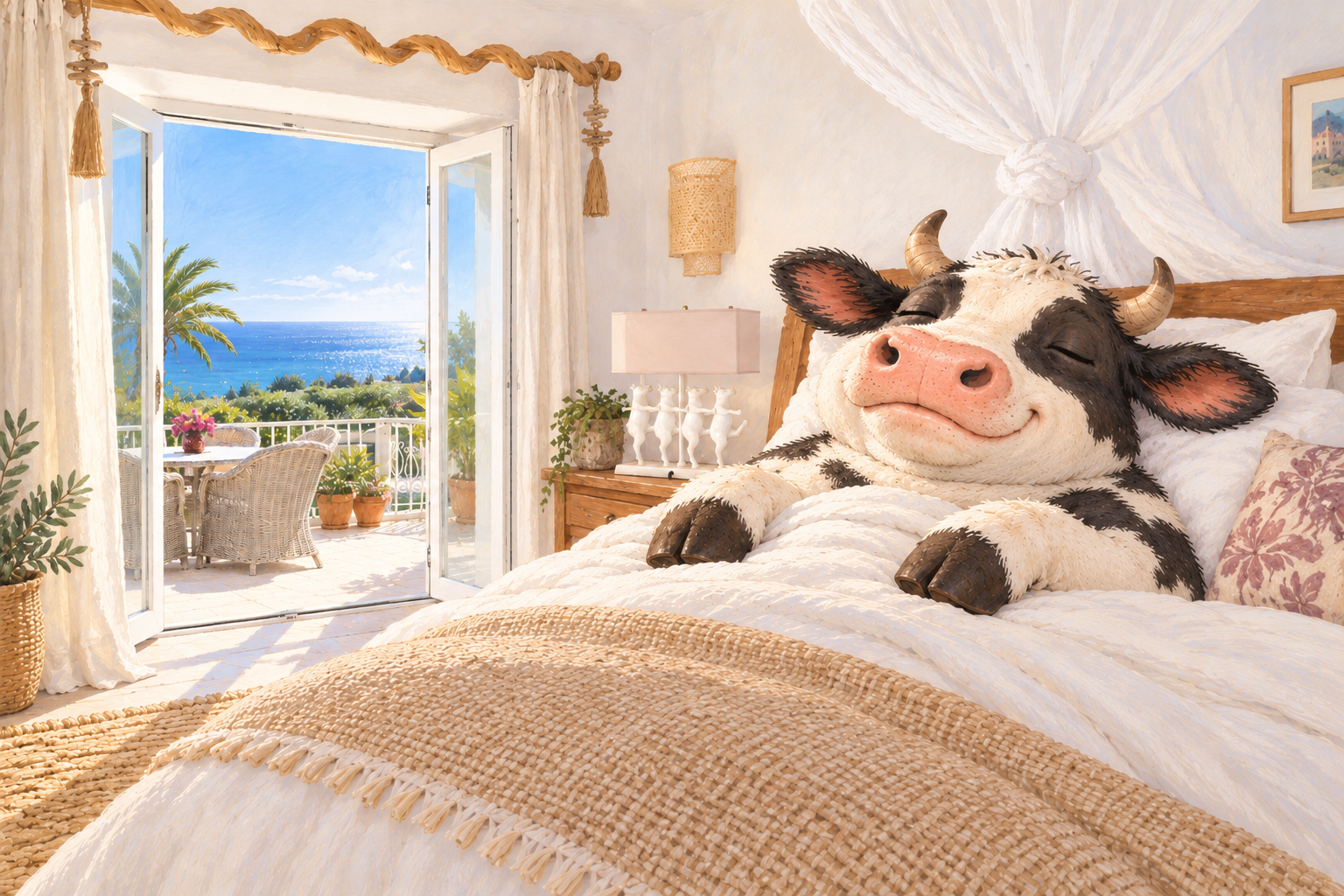 A plump illustrated cow naps in a bright boho bedroom with white linen, a woven throw, a dancing-cow lamp, and open terrace doors overlooking the sea.